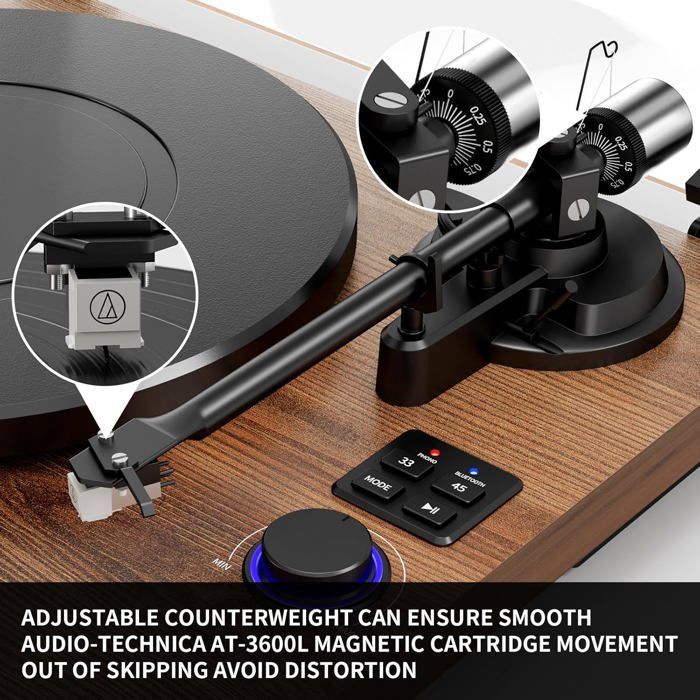 Tocadiscos - CACTOSE - HiFi - Bluetooth - Altavoces desmontables - Madera marrón - 45 RPM