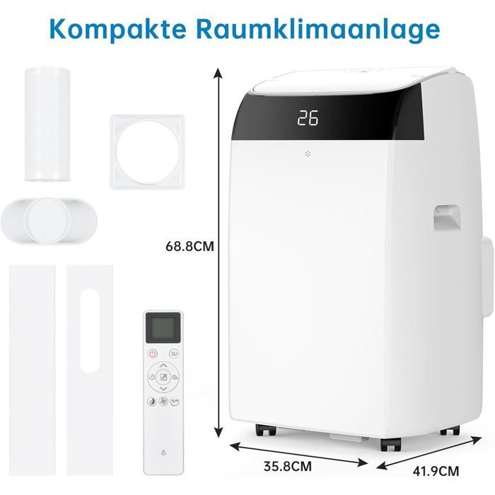 Aire acondicionado portátil de 12000 BTU, refrigeración, deshumidificador, ventilador 4 en 1 con modo de suspensión y temporizador de 24 horas.