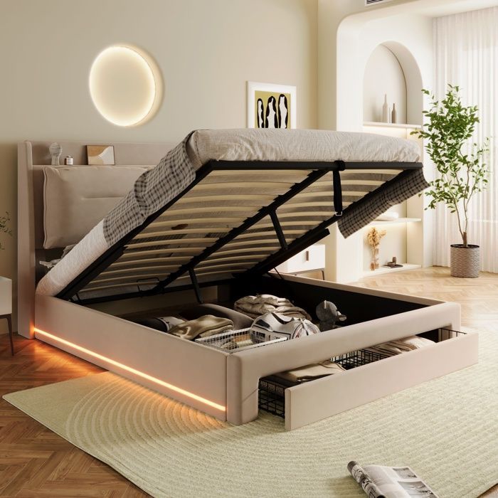 Cama con almacenamiento - TKOPY - Cama doble para adultos de 180x200 cm con iluminación LED y 2 cabeceros - Cama tapizada con cajones y espacio de almacenamiento - Terciopelo beige