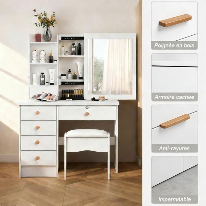 Kaptafel met schuifspiegel - FIANAO - 6 ruime lades en open schappen - Modern - Wit - 80x40x135cm