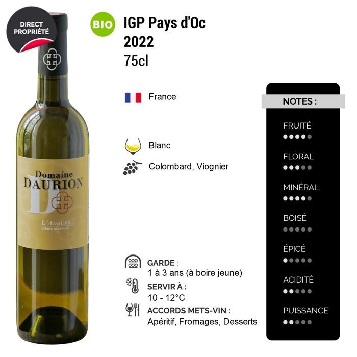Daurion Pays d'Oc L'Adauré moelleux  2022 - Vin Blanc du Languedoc - Roussillon (6x75cl) BIO