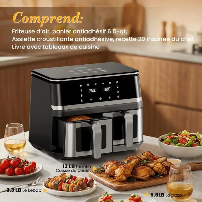 Vulcanterre Airfryer 8019D 10L (2 x 4,5L uitneembare dubbele mandjes) 2000W Gezond koken Multifunctioneel