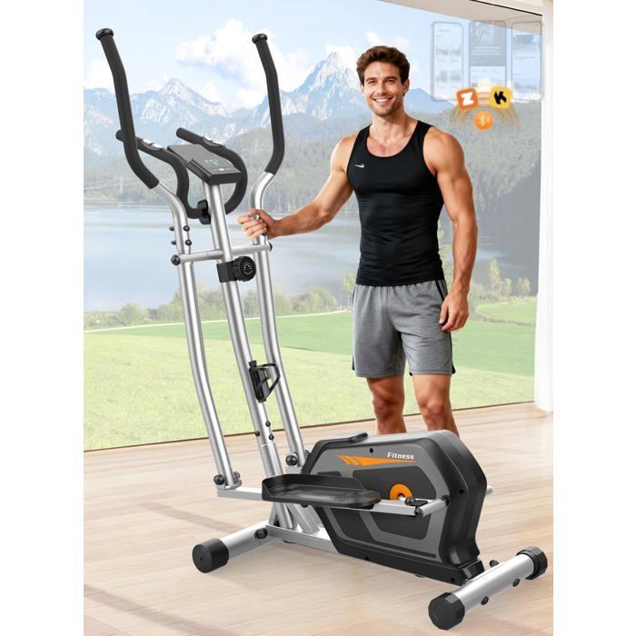 Elíptica silenciosa 3 en 1, 16 niveles de resistencia, peso máximo 130 kg, pantalla LCD, compatible con aplicaciones, ideal para entrenamiento cardiovascular en casa, color plata/naranja.