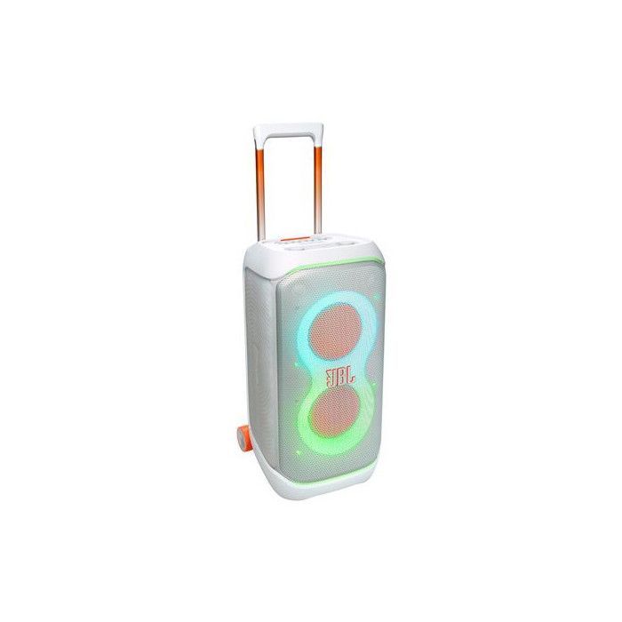 Altavoz portátil Bluetooth JBL PartyBox Stage 320 con ruedas, color blanco.