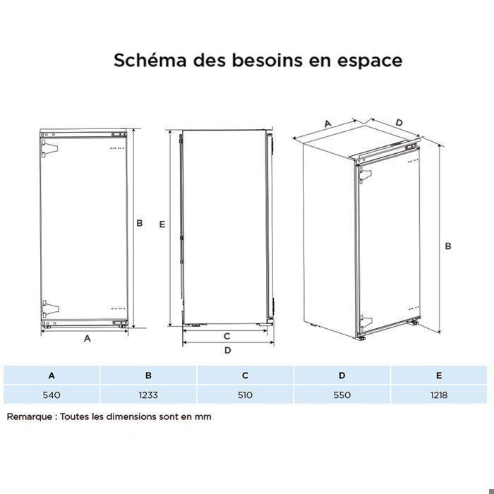 Réfrigérateur 1 Porte Encastrable COMFEE - Intégrable - 205L - Classe E - L54 cm x H123,3 cm x P55 cm - Blanc