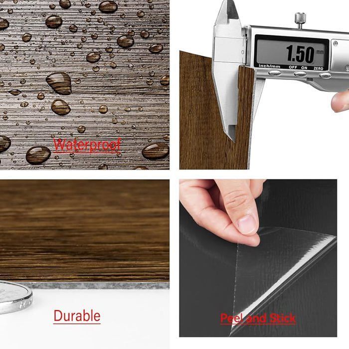 Suelo de linóleo autoadhesivo grueso con efecto parquet de 90x15 cm, suelo autoadhesivo de PVC con efecto madera oscura de 90x15 cm, 18 piezas, madera marrón, suelo de PVC