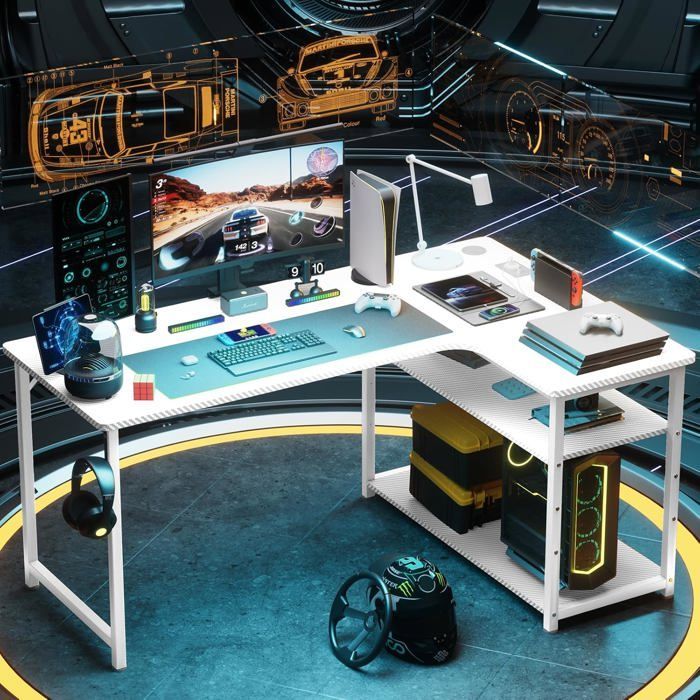 White L-Shaped Gaming Desk - Storage Shelves - USB Charging Port - Power Outlet