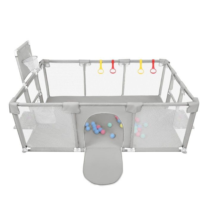 Parque infantil de seguridad - MIPAN - Valla para bebés con pelotas de mar + 4 asas - 180*120*66cm - Gris claro