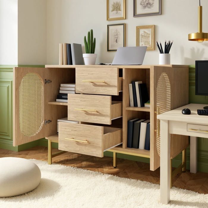 MEUBLES COSY Buffet en cannage en chêne avec 3 tiroirs, 2 portes, étagères réglables et dispositif anti-basculement