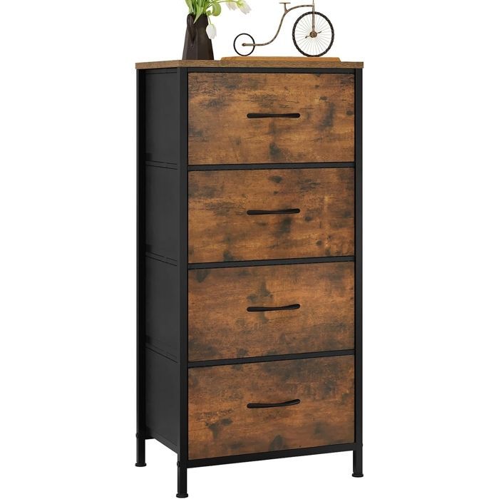 Cómoda WOLTU, 4 cajones, tapizada en tela, estructura metálica, tapa de madera de ingeniería E1, marrón rústico + negro W0ITT0116