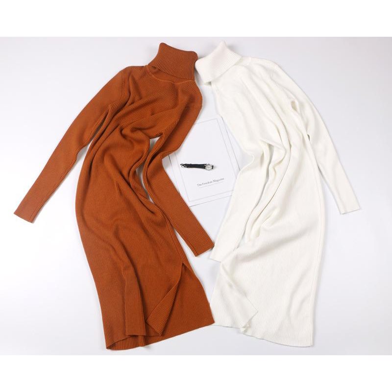 Robe pull à col roulé pour femme, mi-mollet, longue, automne-hiver, épaisse et chaude, en maille côtelée douce.