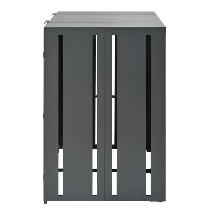 HOMVRA Abri pour Poubelle, Cache-Poubelles 2 Compartiments avec Couvercle Hydraulique, Portes Verrouillable, Acier, Gris et Bois