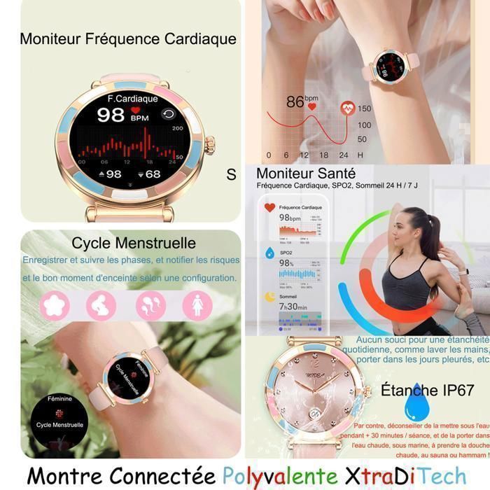 Montre Connectée Sport Femme Homme XTRADITECH Alliage Diamanté Strass Multicolore Noir Bleu Rond 1,27 Dos Finition IML 3 Bracelets
