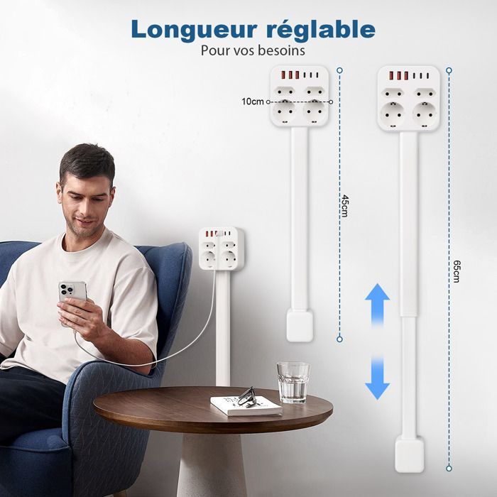 Steckdosenleiste mit 4 Steckdosen, 3 USB-A- und 3 USB-C-Anschlüssen, 45–65 cm langem, einziehbarem Kabel und 360°-Drehung