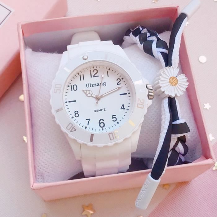 Conjunto de reloj infantil para niñas + pulsera blanca de margarita de alta calidad para adolescentes: regalo perfecto para niños.
