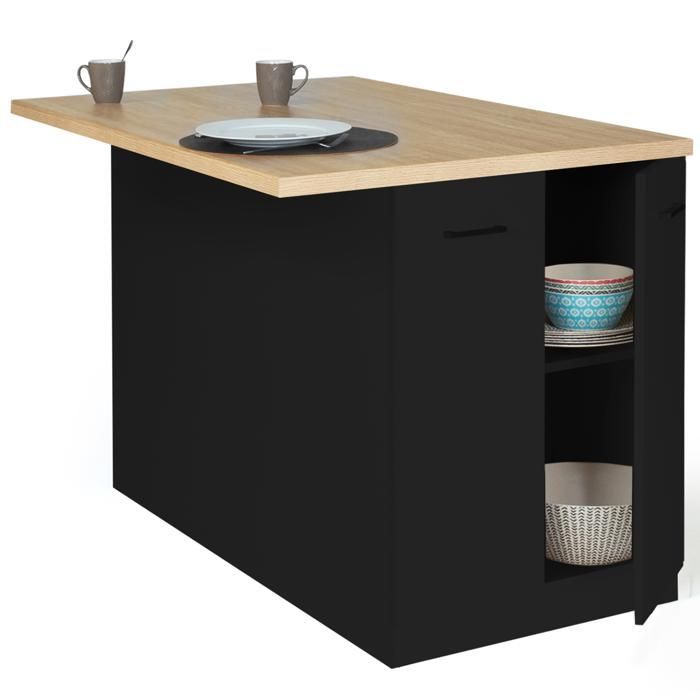 Isla central IDMARKET IVO de 120 cm en madera negra con encimera efecto haya.