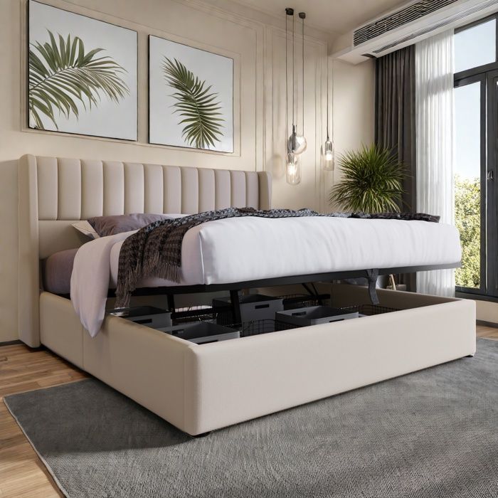 Lit coffre 160x200 avec tête de lit et sommier,lit 2 Personnes avec rangement,cadre de lit 160x200 avec sommier à lattes,lin,beige