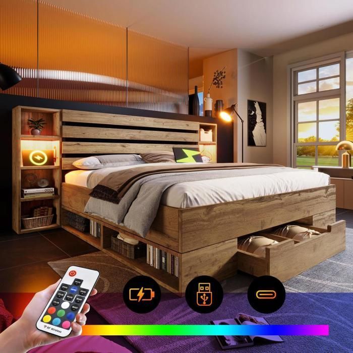 Conjunto de cama de carvalho 180x200 cm com iluminação LED, porta USB-C e gavetas de arrumação.