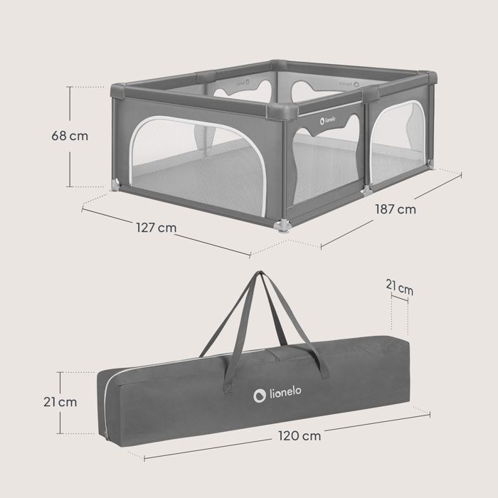 LIONELO Willow Baby Playpen - 127 x 187 cm - Mesh Sides - Large, Safe Play Area - Protective Grille - Grey