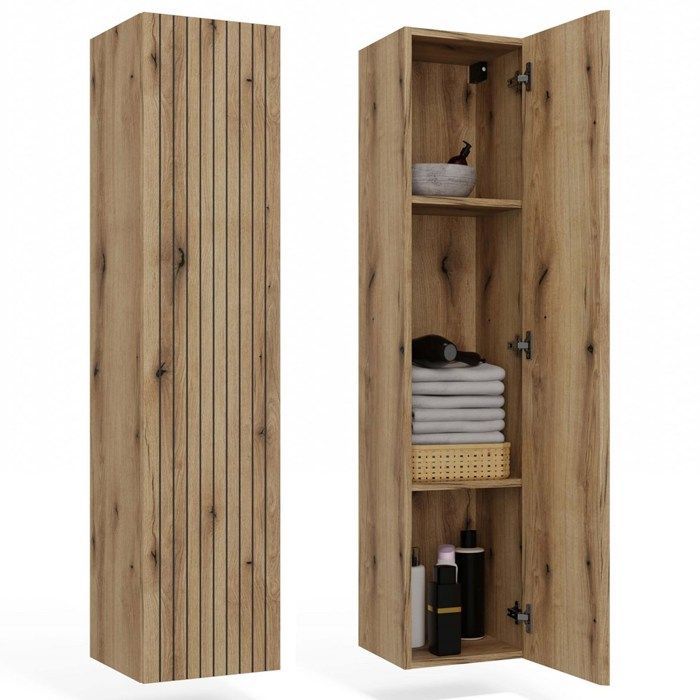 TIGO - Armoire de salle de bain suspendue, étagère, chêne à façade rainurée