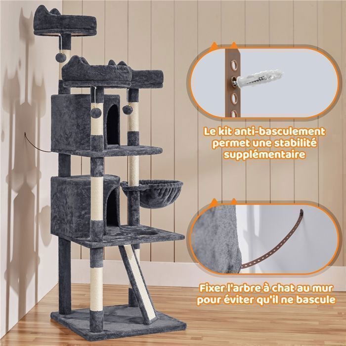 Árbol para gatos XXL de 175 cm con postes rascadores de sisal, cuevas, pelotas y perchas, casa de juegos multinivel para gatos, gris oscuro YAHEETECH