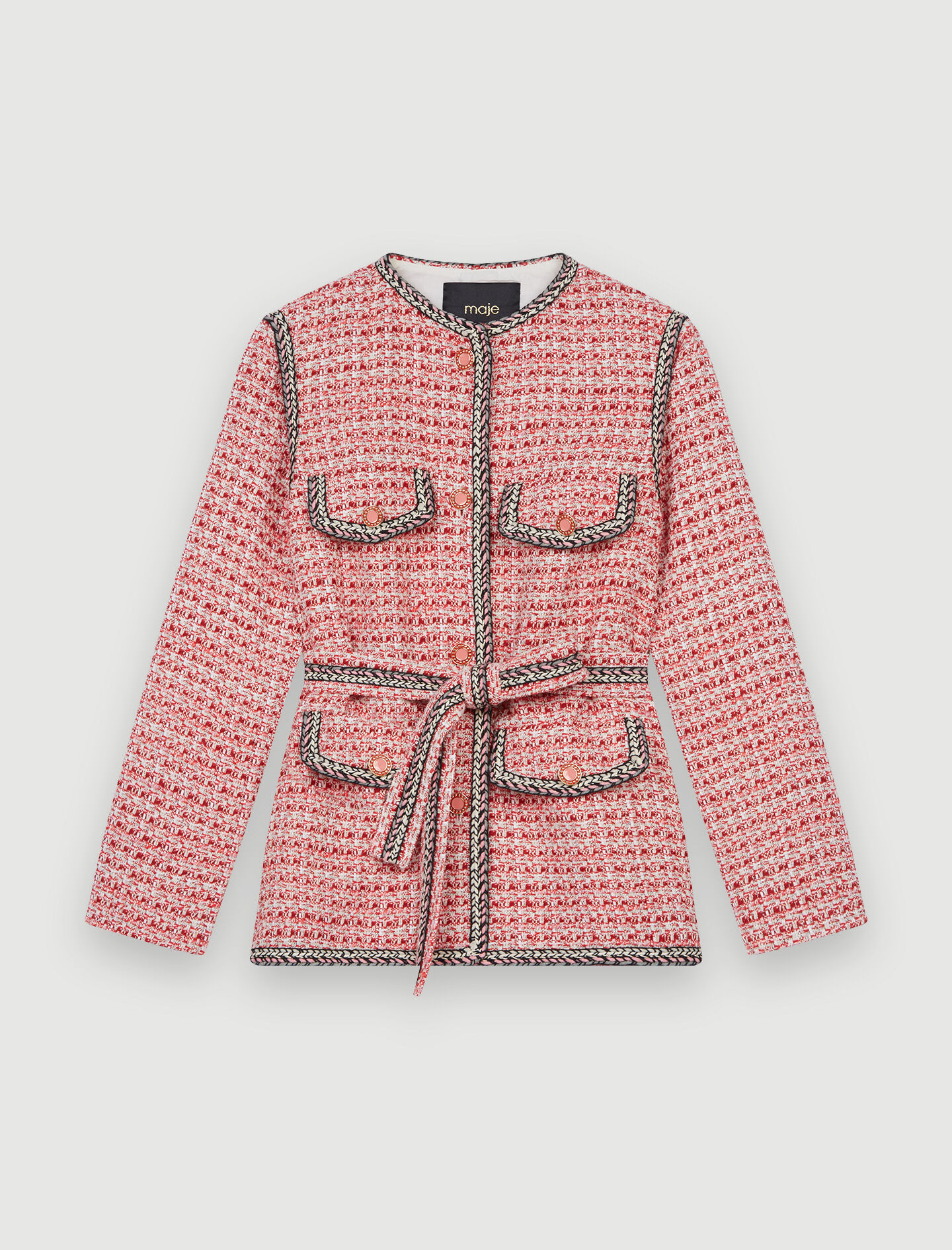 Jachetă din tweed cu împletitură etnică - Roz/roșu