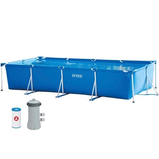 Piscina tubular retangular Intex com estrutura metálica e bomba de filtro