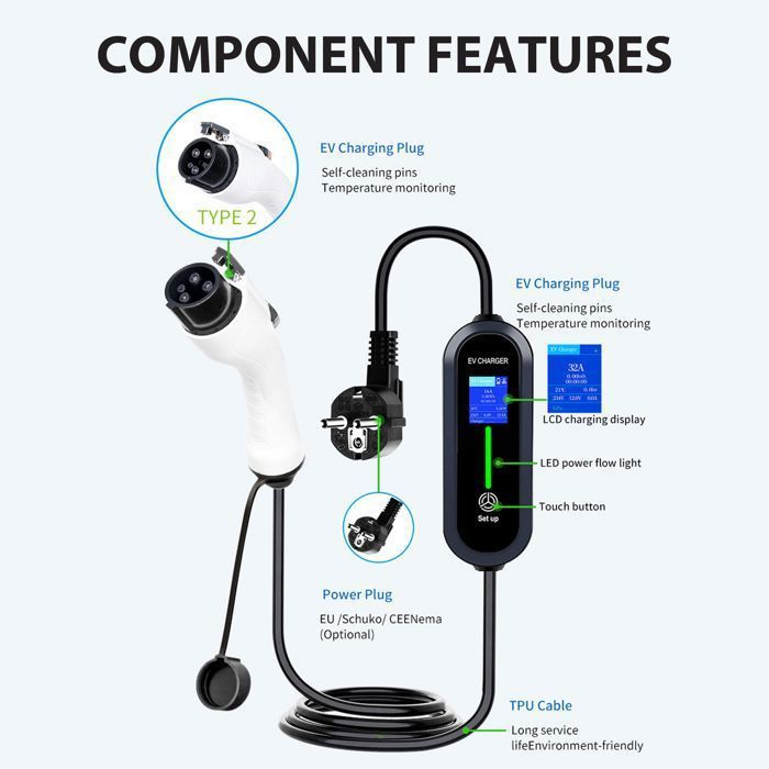 Cargador para coche eléctrico de 3,5 kW y 3,5 m, tipo 2, 16 A, cable de carga rápida para coches eléctricos IP65 IEC 62196 digital