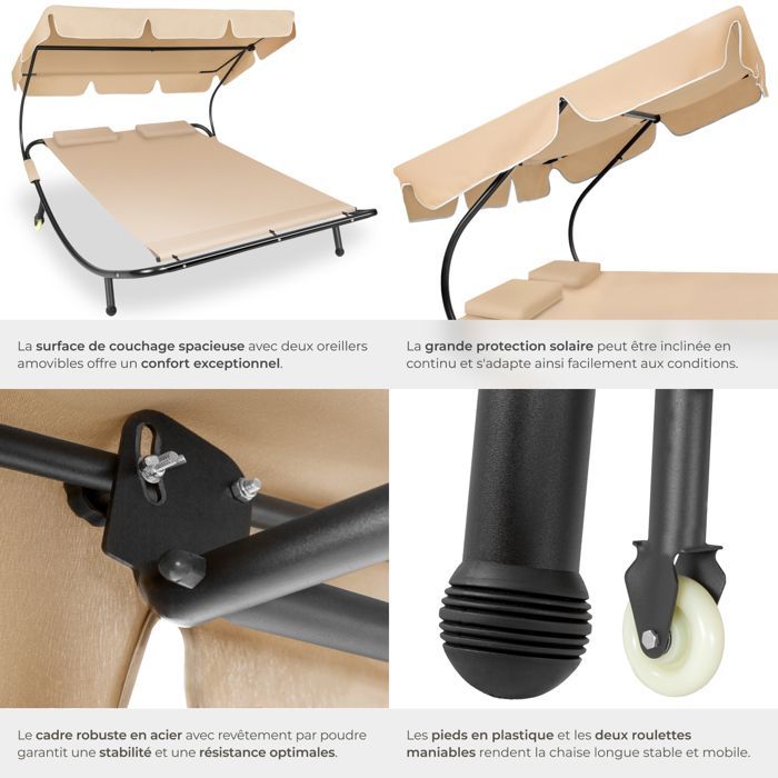 Bain de soleil - TECTAKE - Transat double en acier LIVORNO pour 2 personnes pare-soleil réglable 185 x 195 x 142-175 cm - Noir/Beige
