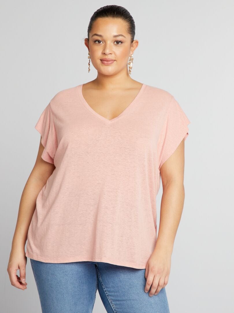 Camiseta de linho com mangas morcego - ROSA