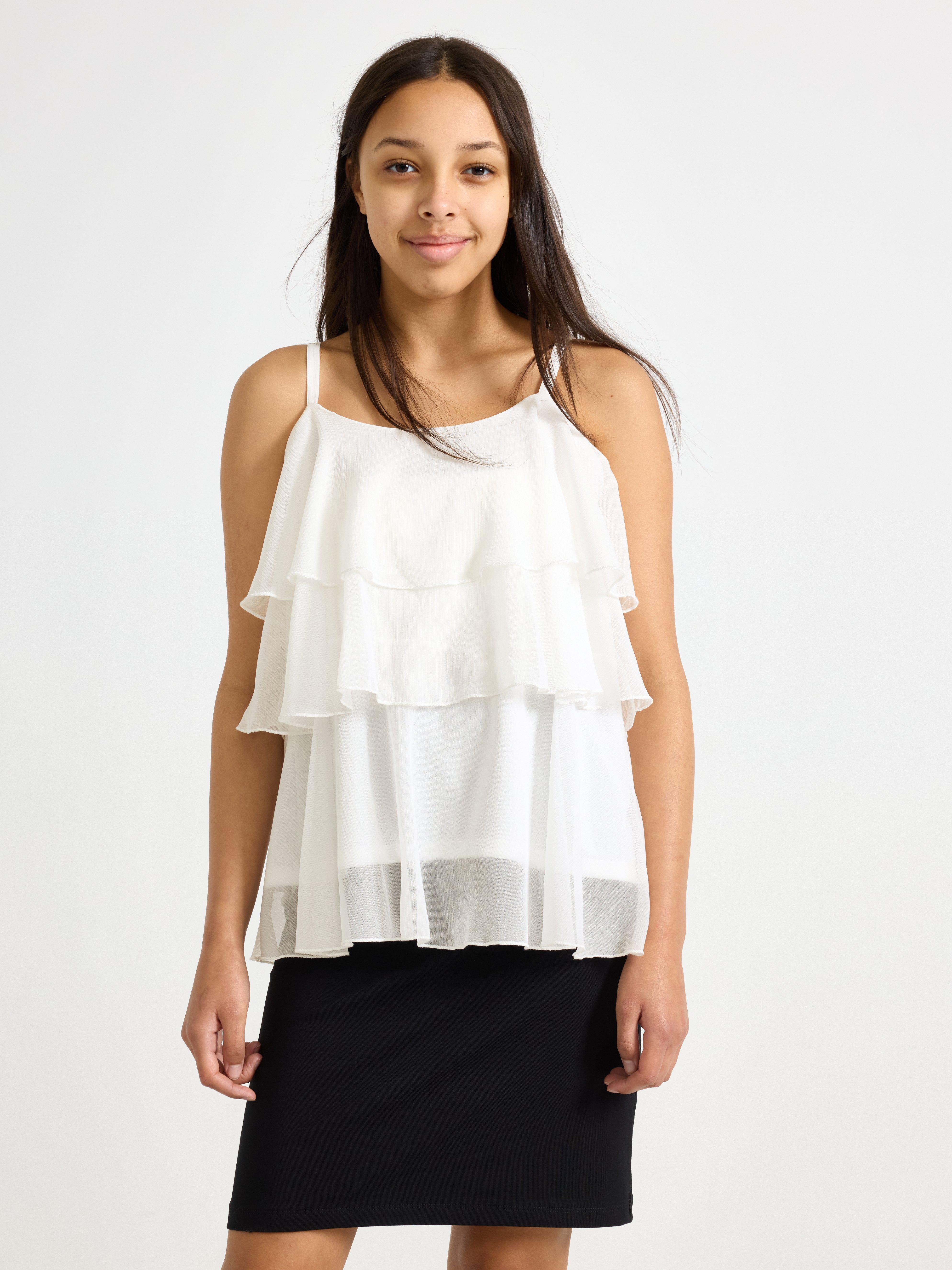 Blusa de tecido plano com babados, cor off-white.