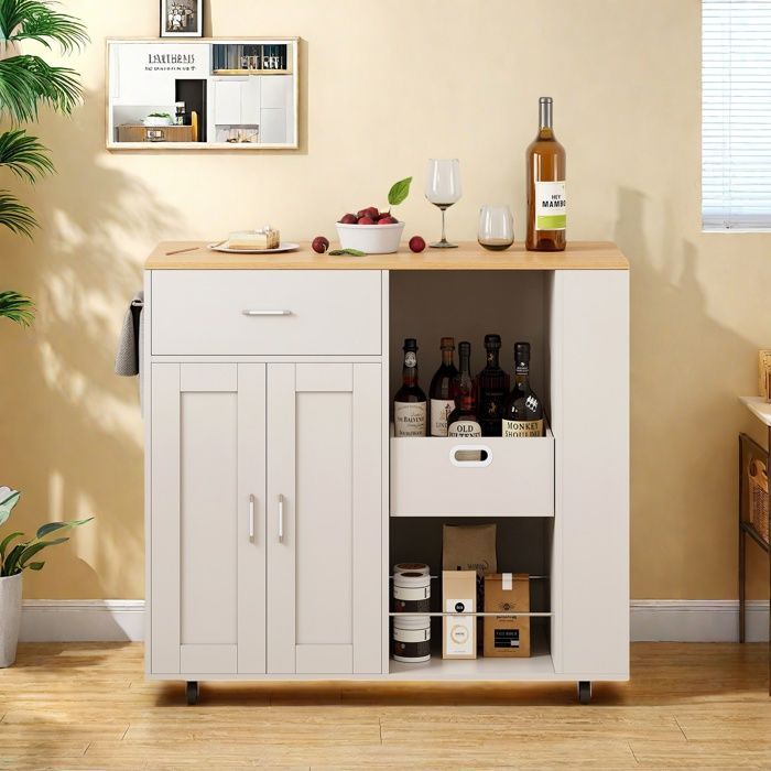 Desserte de Cuisine - Îlot à Roulettes - 102x46x92 cm - 2 Portes - 1 Tiroir - Blanc