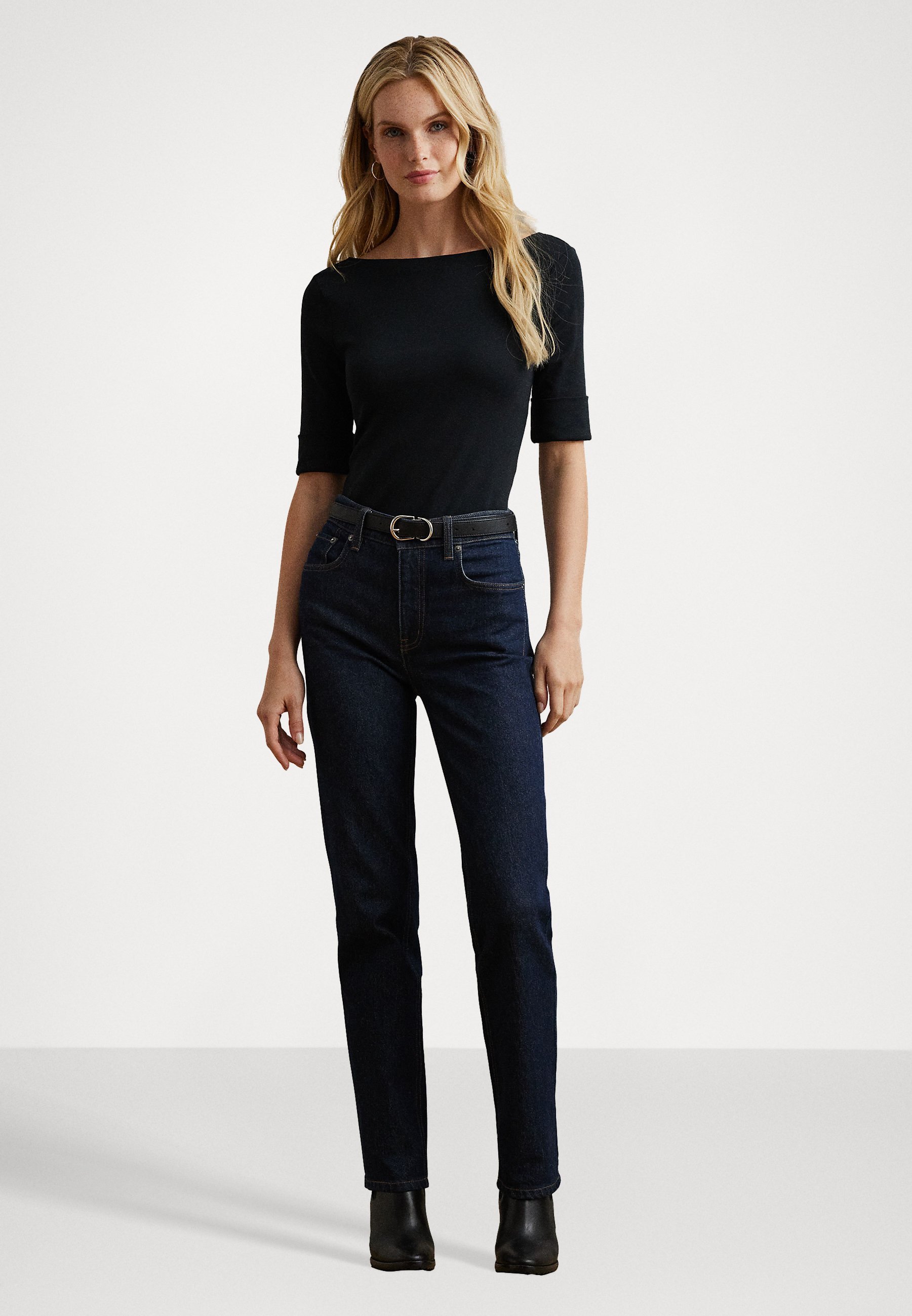Lauren Ralph Lauren Stretch-Baumwoll-T-Shirt mit Bootsausschnitt – Basic-T-Shirt – Schwarz