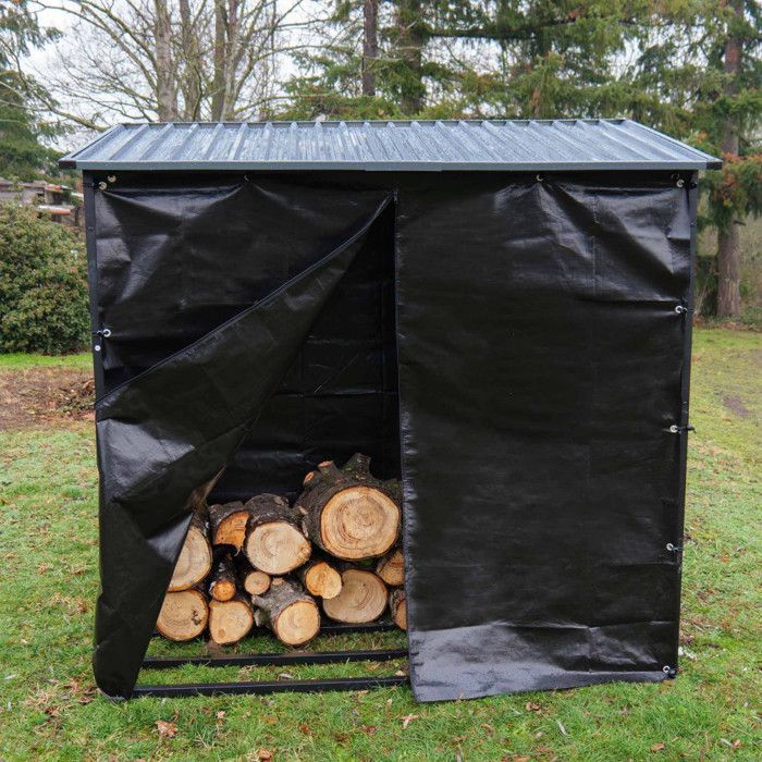 Leñero con techo inclinado - Capacidad: 3 metros cúbicos - Longitud: 186 cm - Refugio exterior para almacenar leña - Funda protectora