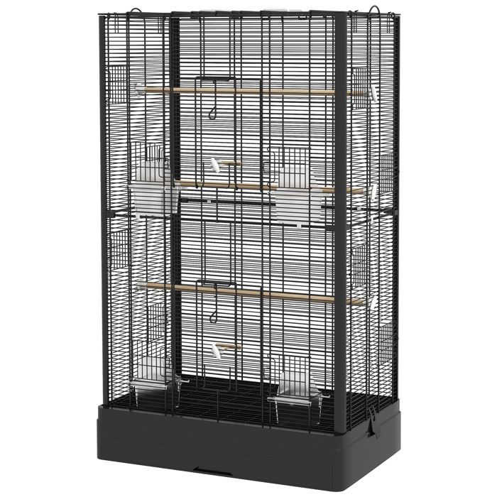 Vogelvoliere mit Türen und Sitzstangen, Käfig für Kanarienvögel, Wellensittiche, Papageien, 61 x 36,5 x 98 cm, schwarz