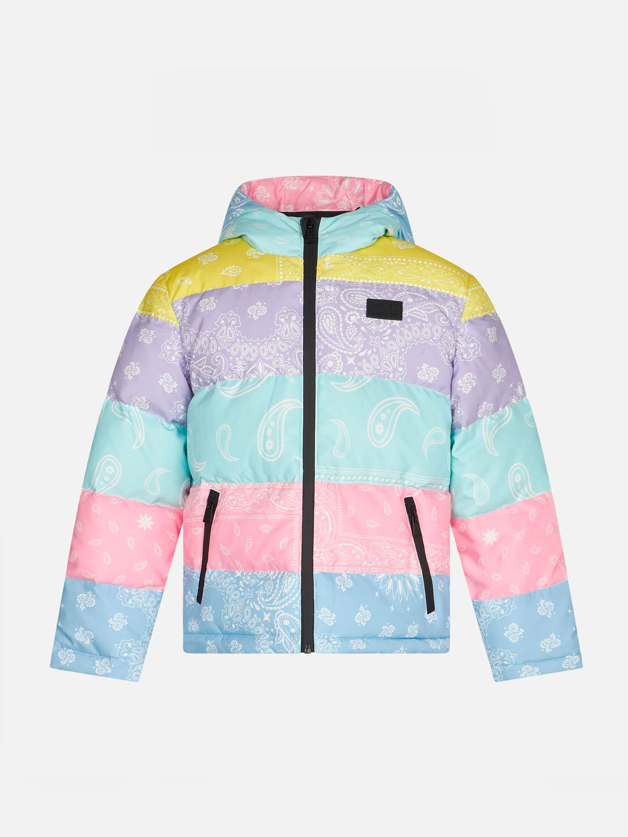 Chaqueta de plumas para niña con capucha acolchada y estampado de pañuelo.