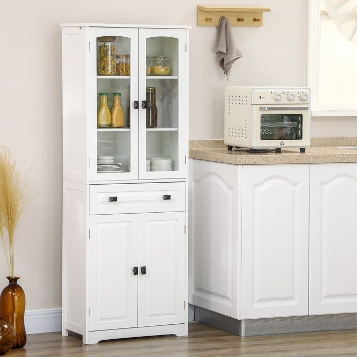 Aparador de cocina - HOMCOM - armario alto con 4 puertas (2 de cristal), 1 cajón, estantes ajustables - madera - altura 160 cm - blanco