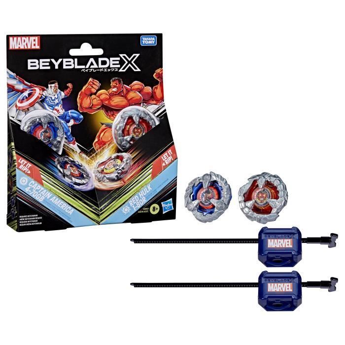 Beyblade X Multipack: Captain America 4-70GB vs. Red Hulk 1-80R, geschikt voor kinderen vanaf 8 jaar.