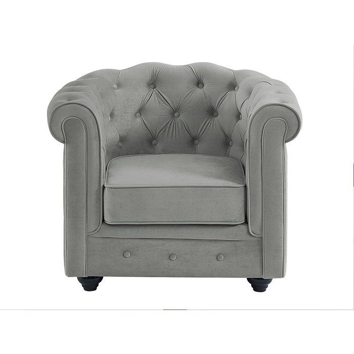 Sofá de 3 plazas y sillón CHESTERFIELD - Terciopelo gris claro