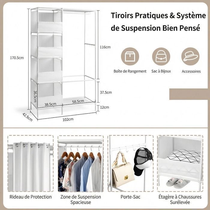 Armário para quarto - Branco - Guarda-roupa - 4 caixas organizadoras de tecido