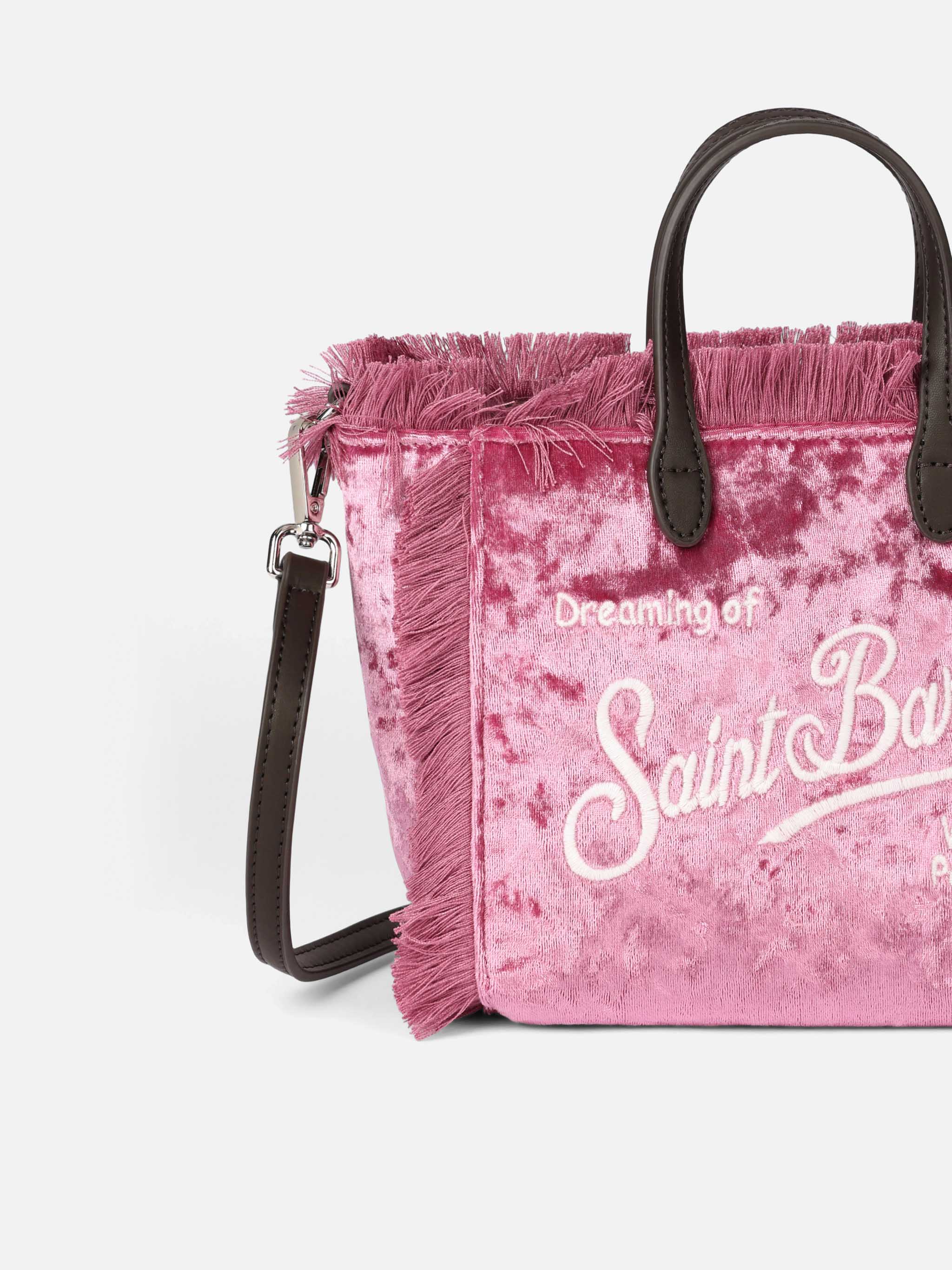 Mini handväska med fransar i rosa chenilletyg med logotyp, innerflik med dragkedja, innerficka och avtagbar axelrem | MC2 Saint Barth