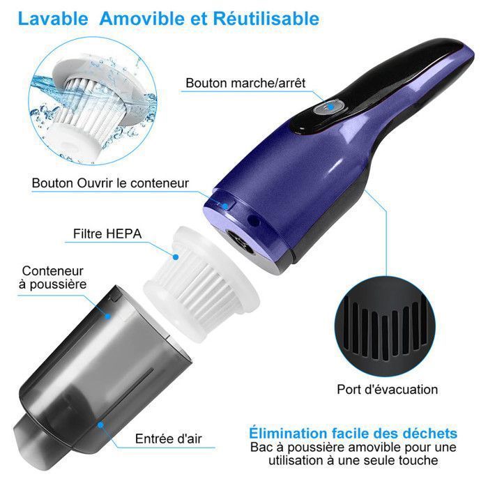 Aspirapolvere senza fili per auto - Potente aspirapolvere portatile con rimozione degli acari della polvere - Mini aspirapolvere portatile per auto e cucina