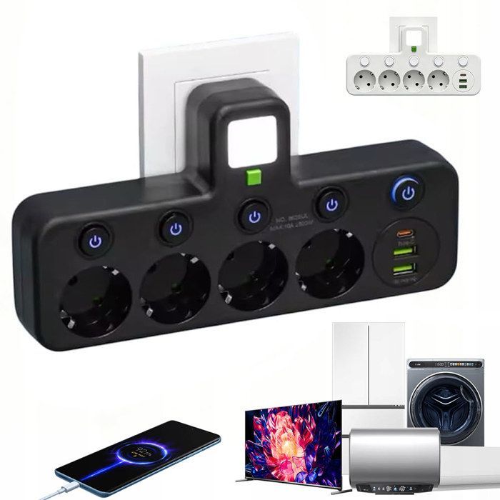 5-in-1 stekkerdoos, 2500W / 10A, met 4 Franse stopcontacten, 2 USB-A-poorten en 1 Type-C-poort, zwart