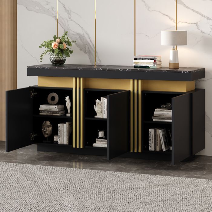 Black marble-effect sideboard, 140cm - 3-door cabinet with marble top, 6 compartments, 45kg capacity, modern and sleek design