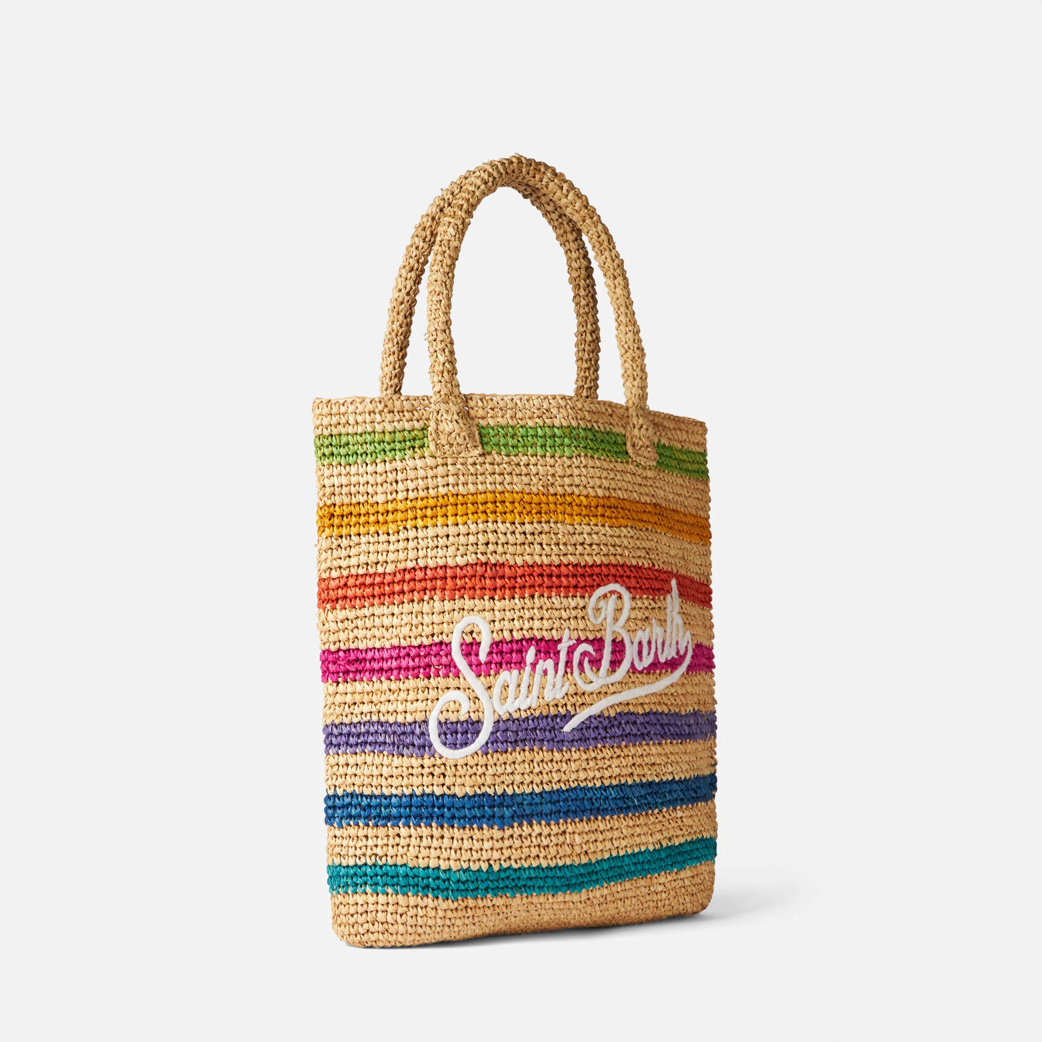 Bast-Beuteltasche mit mehrfarbigen Streifen und Stickereien