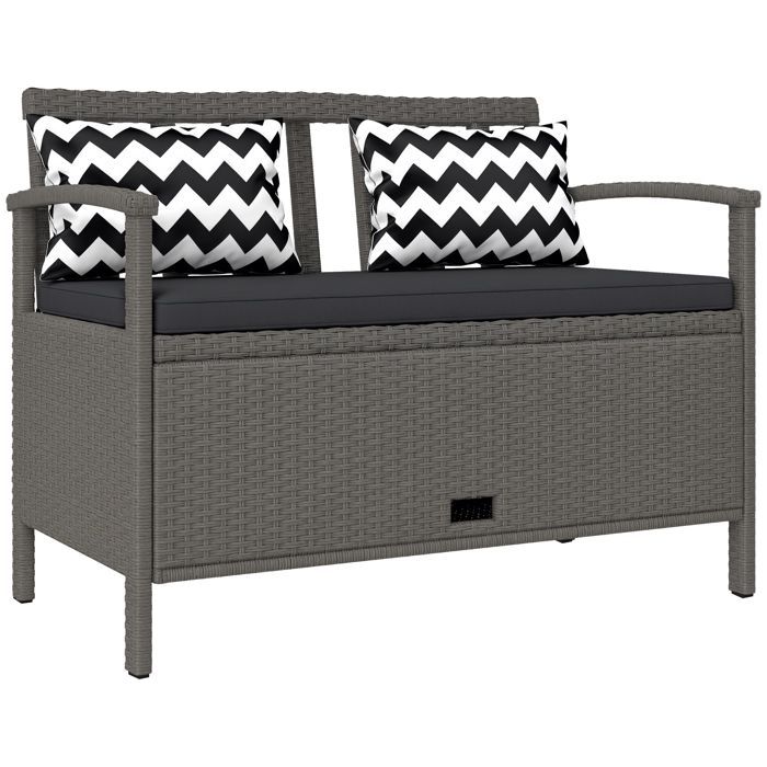Banco de jardín con almacenamiento - Outsunny - 2 plazas - 160 L - con cojín y 2 almohadas - estructura de acero - ratán sintético - gris