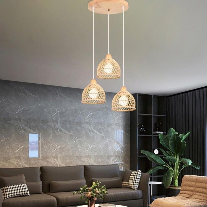 WOTTES 3 têtes Suspension Luminaire Moderne Créatif Disque Lustre en Bois et Bambou de Design à Spirale Vintage Suspension Rotin