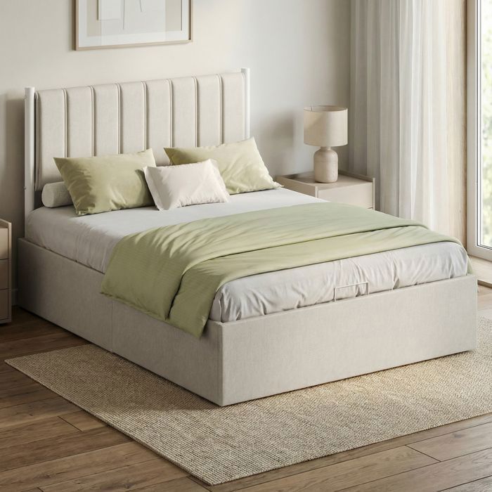Letto matrimoniale con contenitore, base a doghe sollevabile 160 x 200 cm, struttura letto moderna, camera da letto, facile da montare, beige