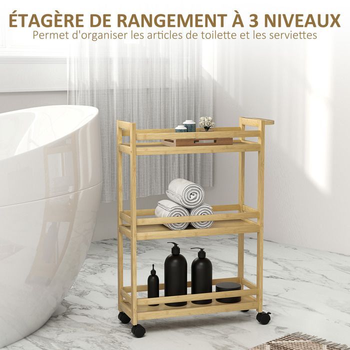 Estantería de almacenamiento para baño - HOMCOM - 3 niveles de bambú - con ruedas para cocina, baño, sala de estar - natural