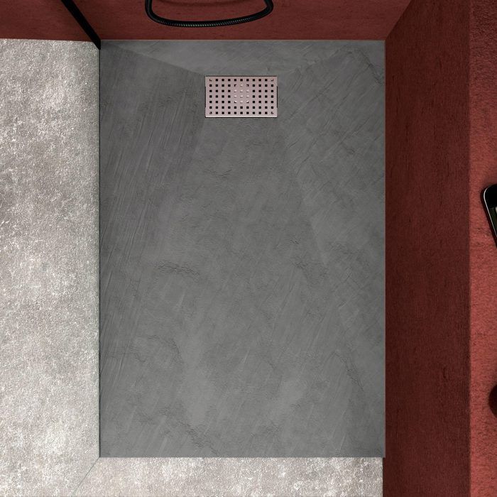 Grey Stone Effect Shower Tray 90x140 cm and Perforated Stainless Steel Decorative Grate